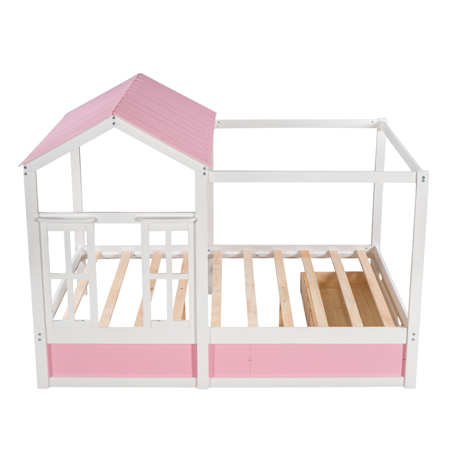 Full Size House Platform Bed with Roof, Window and Drawer - Pink + White