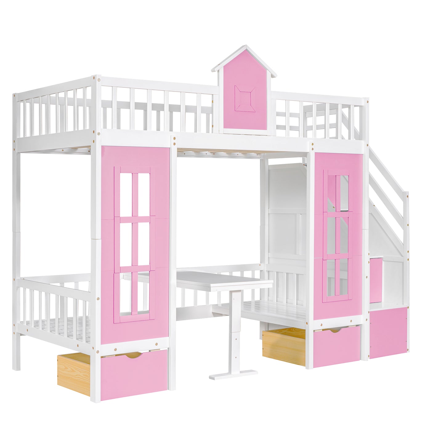 Twin-Over-Twin Bunk Bed with Changeable Table , Bunk Bed  Turn into Upper Bed and Down Desk with 2 Drawers - Pink