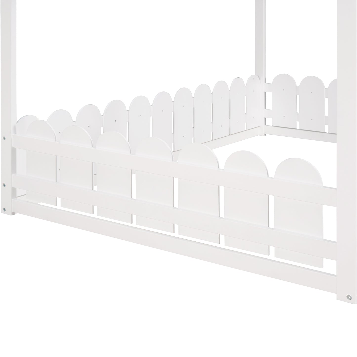 Full Size Wood Bed House Platform Bed Frame with Fence, White (Slats are not included)
