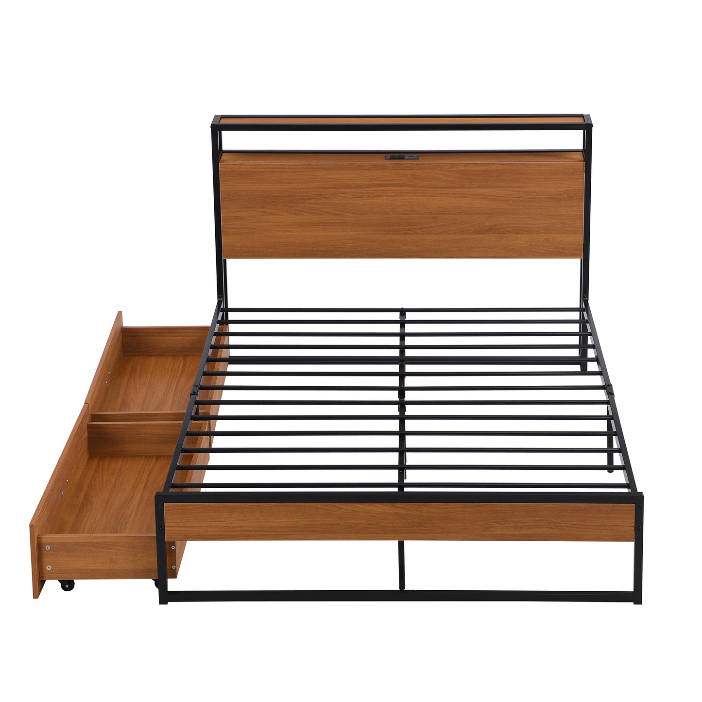 Full Size Metal Platform Bed Frame with  Two Drawers,Sockets and USB Ports ,Slat Support No Box Spring Needed Black