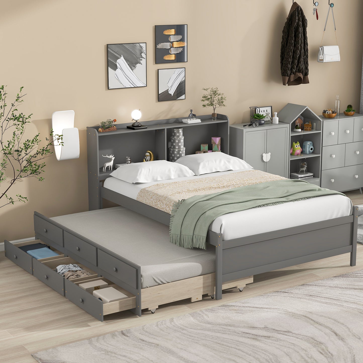 Full Size Platform Bed with Bookcase, Twin Trundle, Drawers, Grey