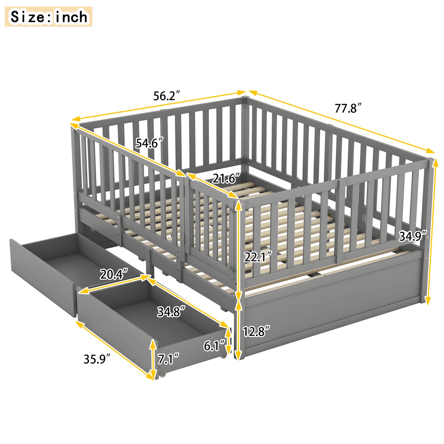 Full Size Wood Daybed with Fence Guardrails and 2 Drawers, Used as Independent Floor Bed & Daybed, Gray