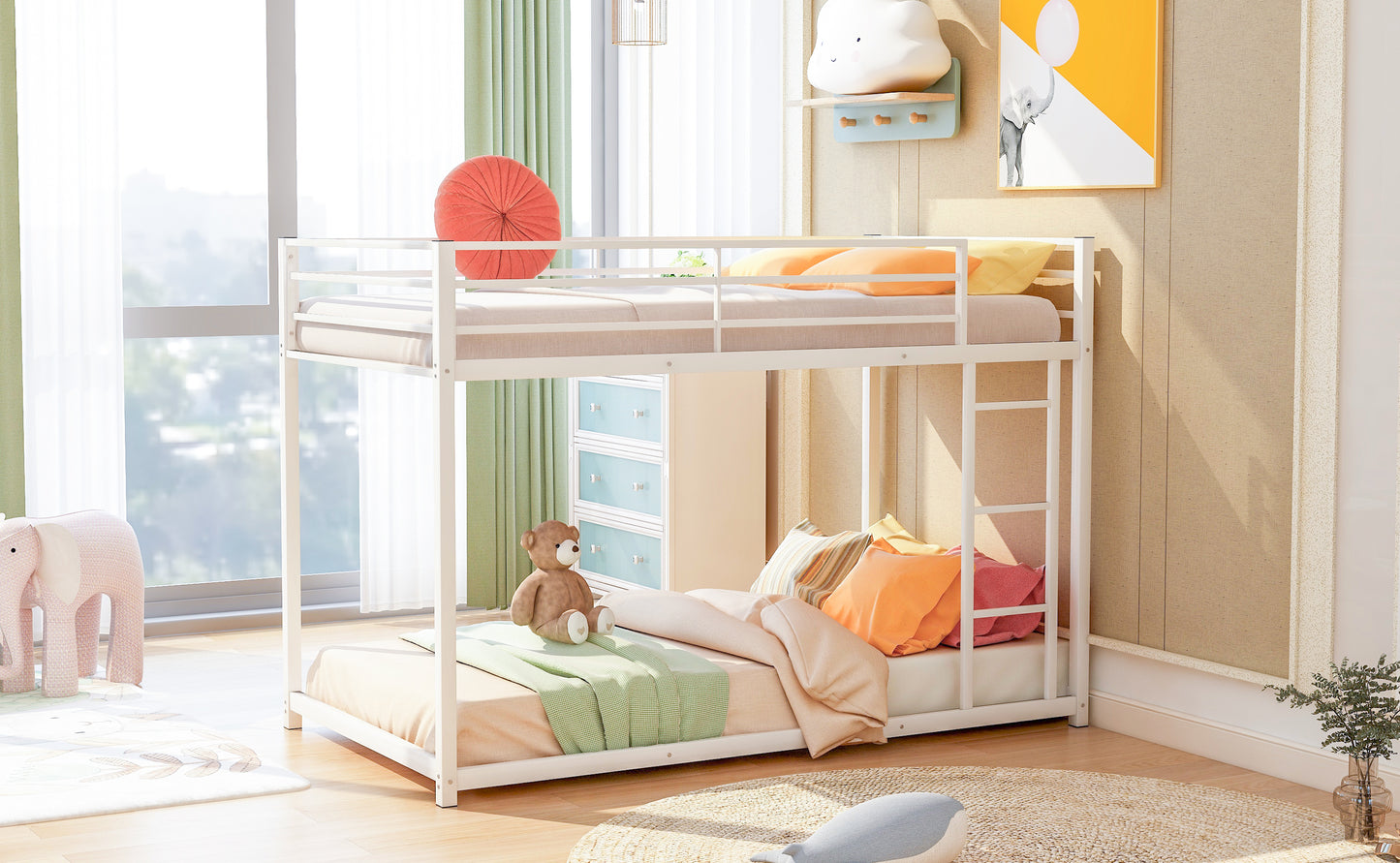 Twin over Twin Metal Bunk Bed, Low Bunk Bed with Ladder,White