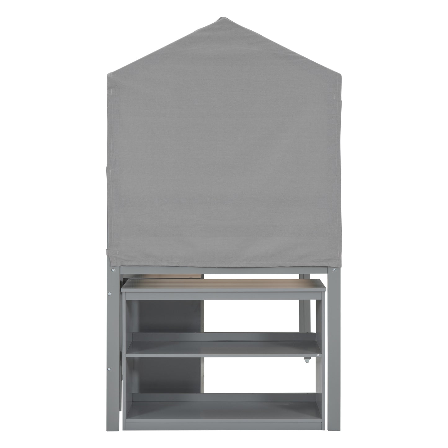 Twin Size Loft Bed with Rolling Cabinet, Shelf and Tent - Gray