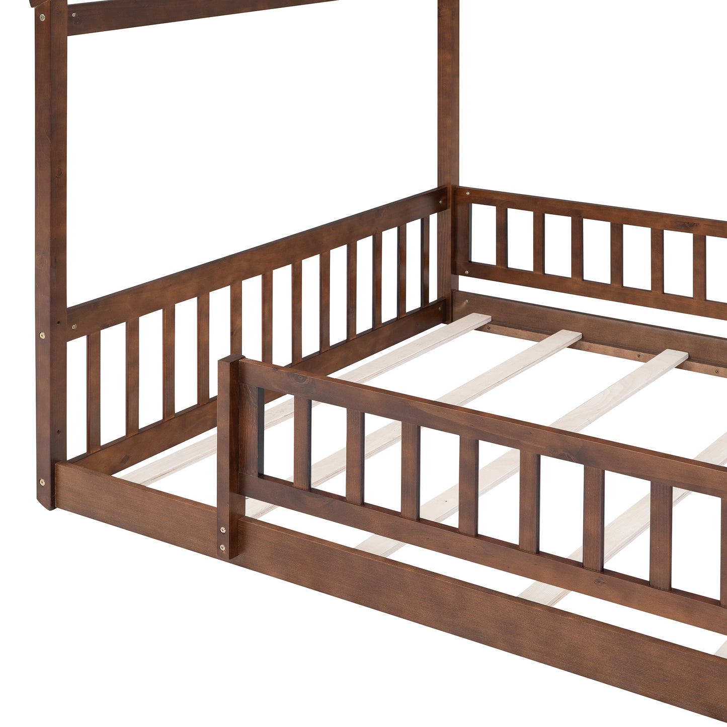 Full Size Wood House Platform Bed with Fence, Walnut