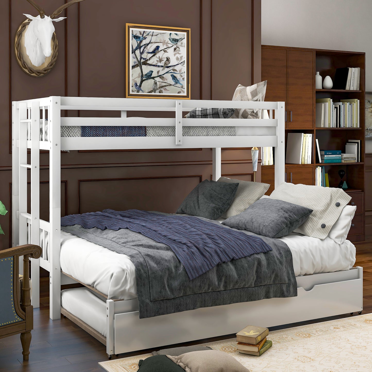 Twin over Pull-out Bunk Bed with Trundle, White
