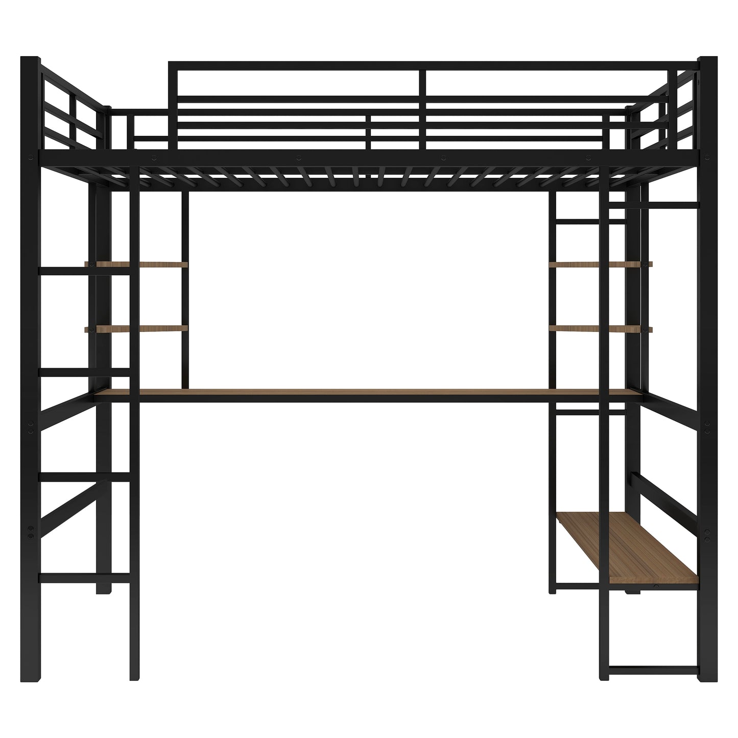 Full Size Loft Metal&MDF Bed with Long Desk and Shelves,Black