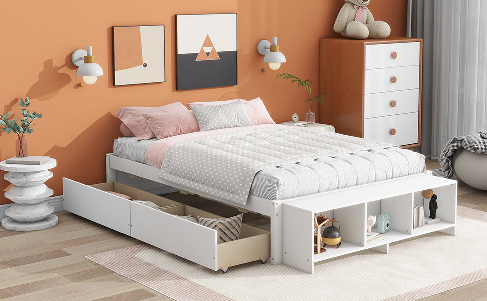 Full Size Platform Bed with Storage Case, 2 Storage drawers, Lengthwise Support Slat, White