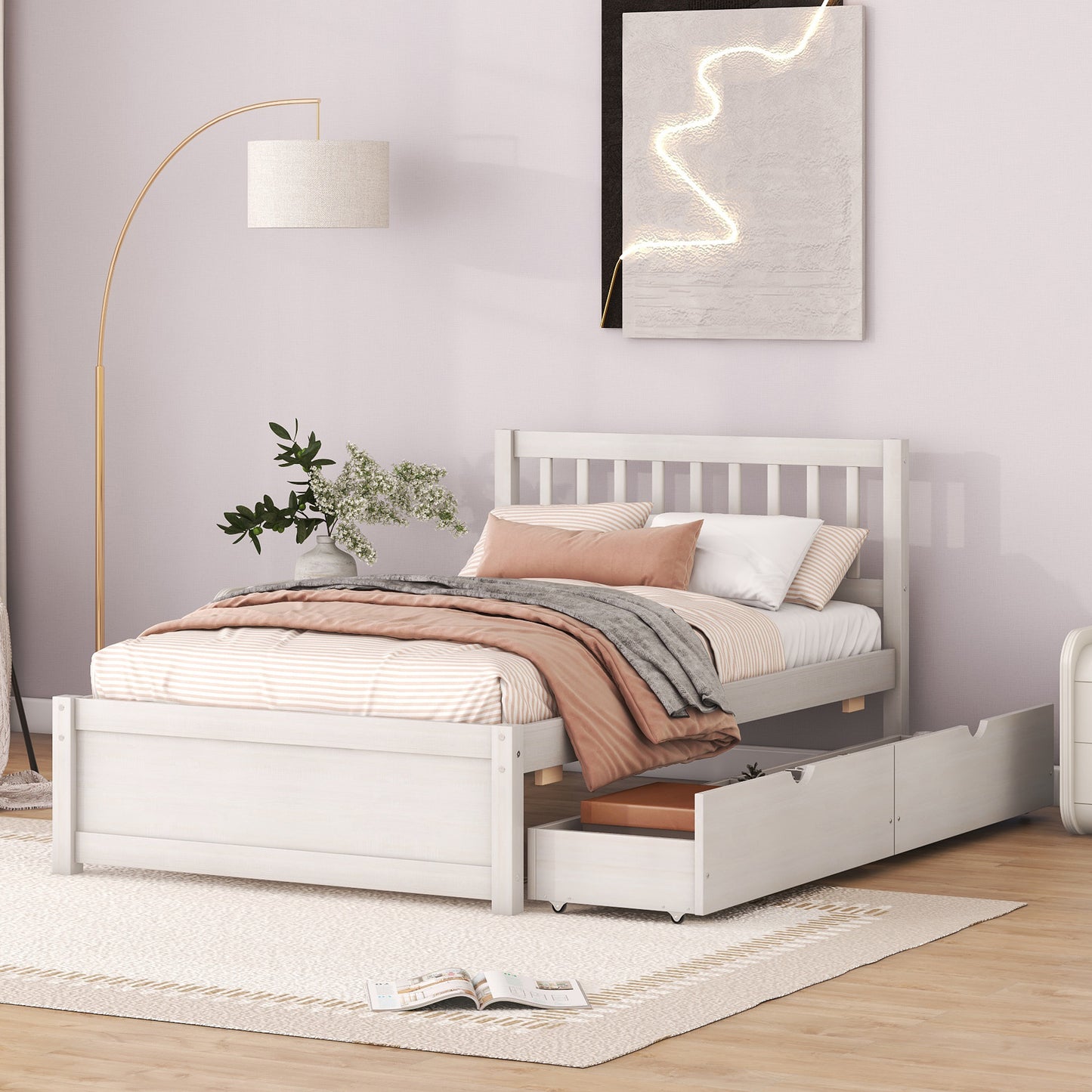 Modern Design Wooden Twin Size Platform Bed with 2 Drawers for White Washed Color