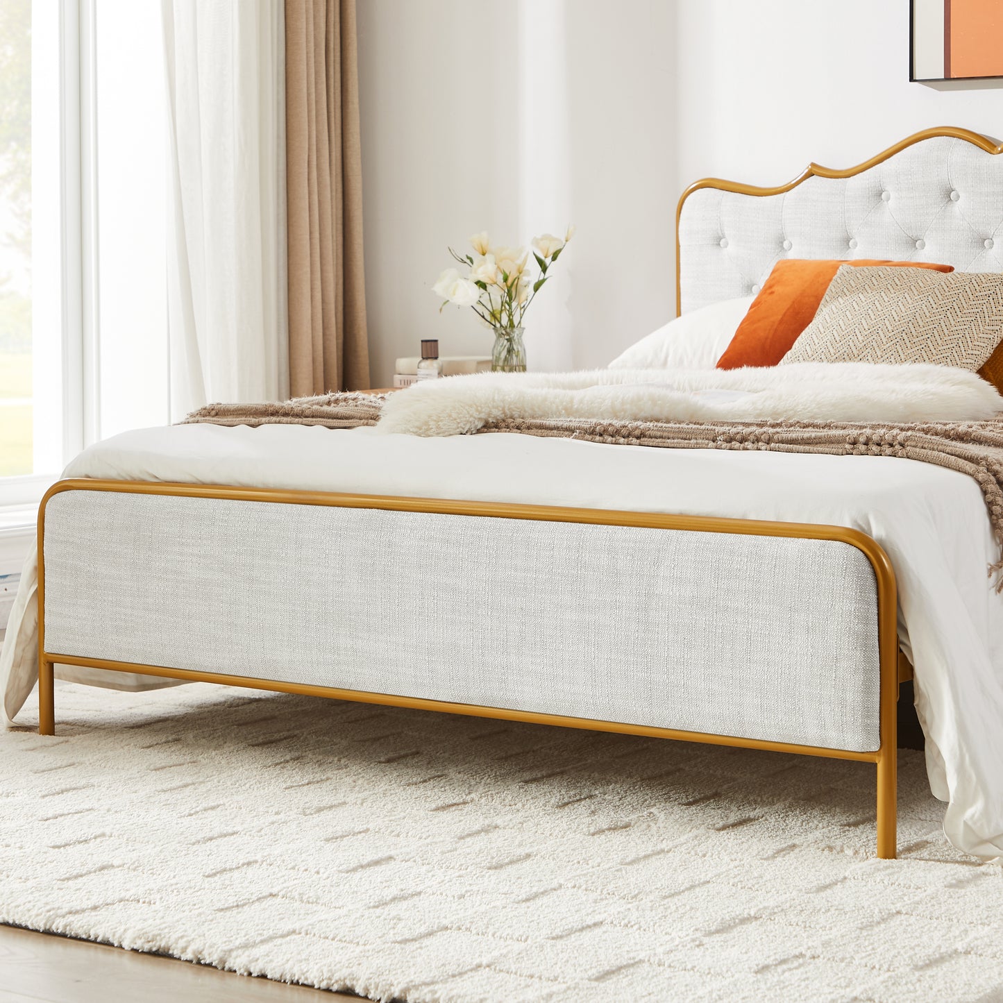 Full Size Upholstered Platform Bed with 4 Storage Drawers, Classic Steamed Bread Shaped Backrest, Light Gray