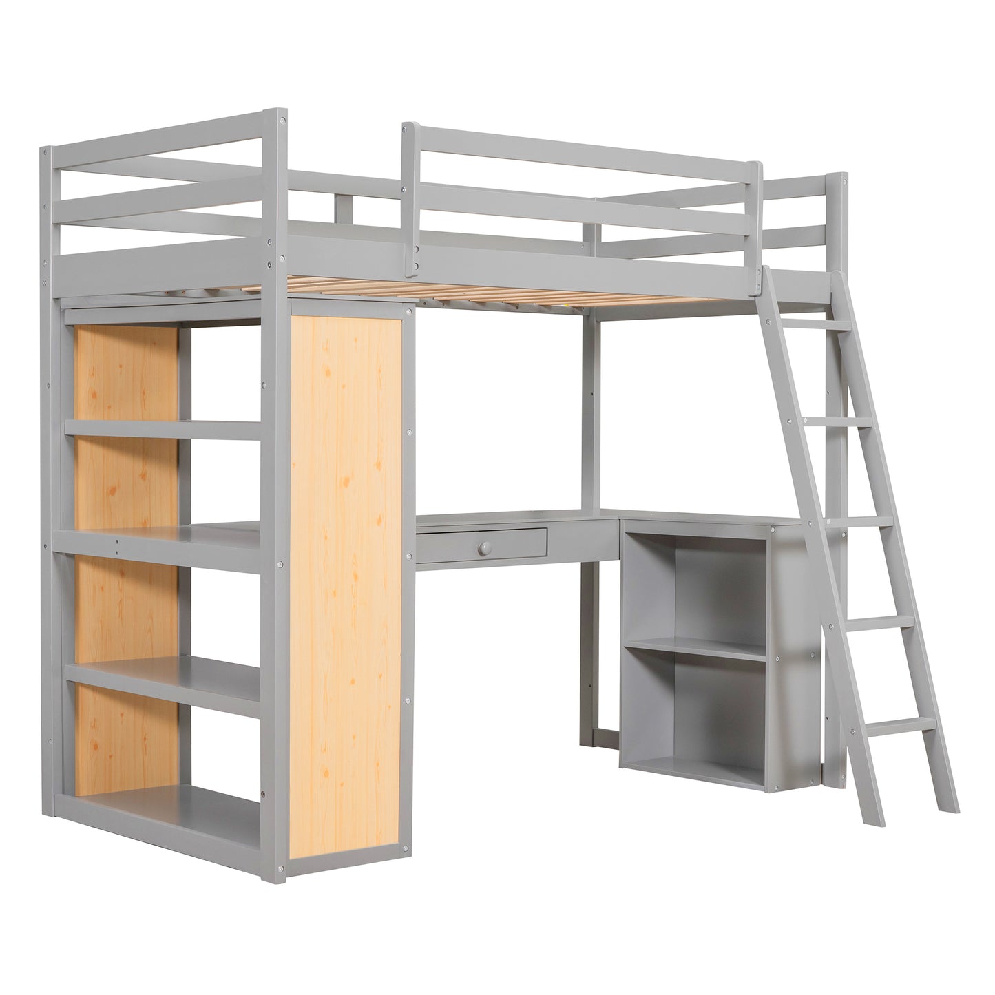 Twin Size Loft Bed with Ladder, Shelves, and Desk, Gray(LT000225AAE)