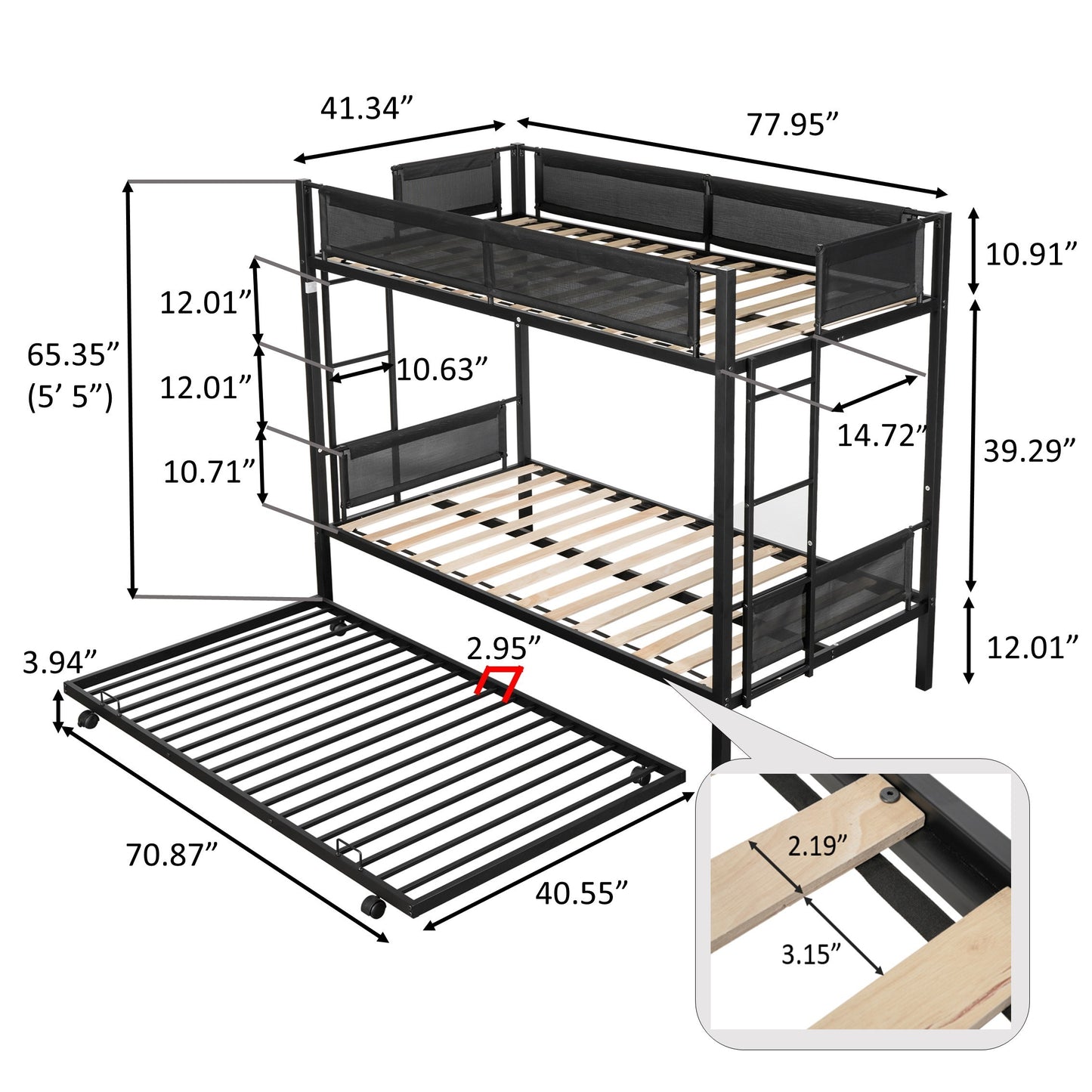 Metal Twin over twin bunk bed with Trundle/ Sturdy Metal Frame/ Noise-Free Wood Slats/ Comfortable Textilene Guardrail/ 2 side Ladders/ Space-Saving Trundle/ Bunk Bed for Three/ No Box Spring Needed
