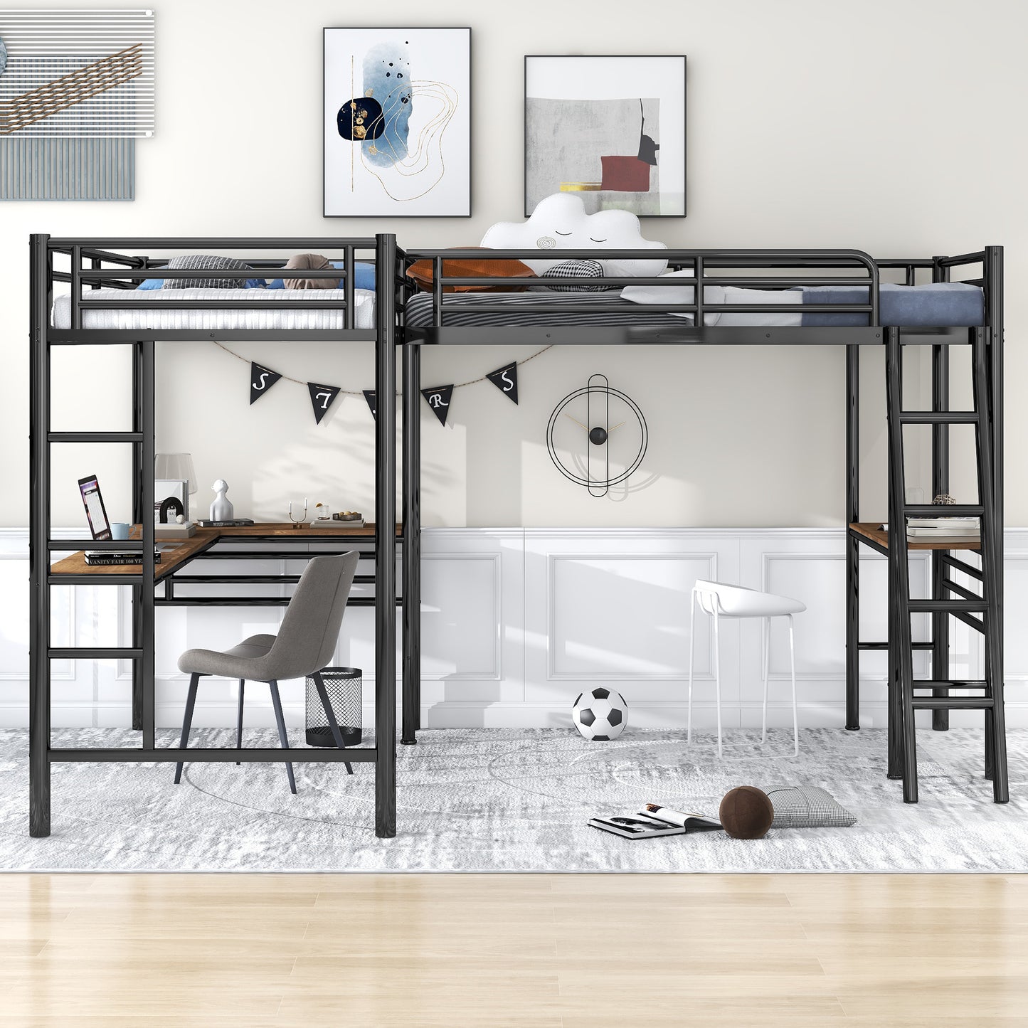 Twin Size Metal Loft Bed with Two Built-in Desks,Black