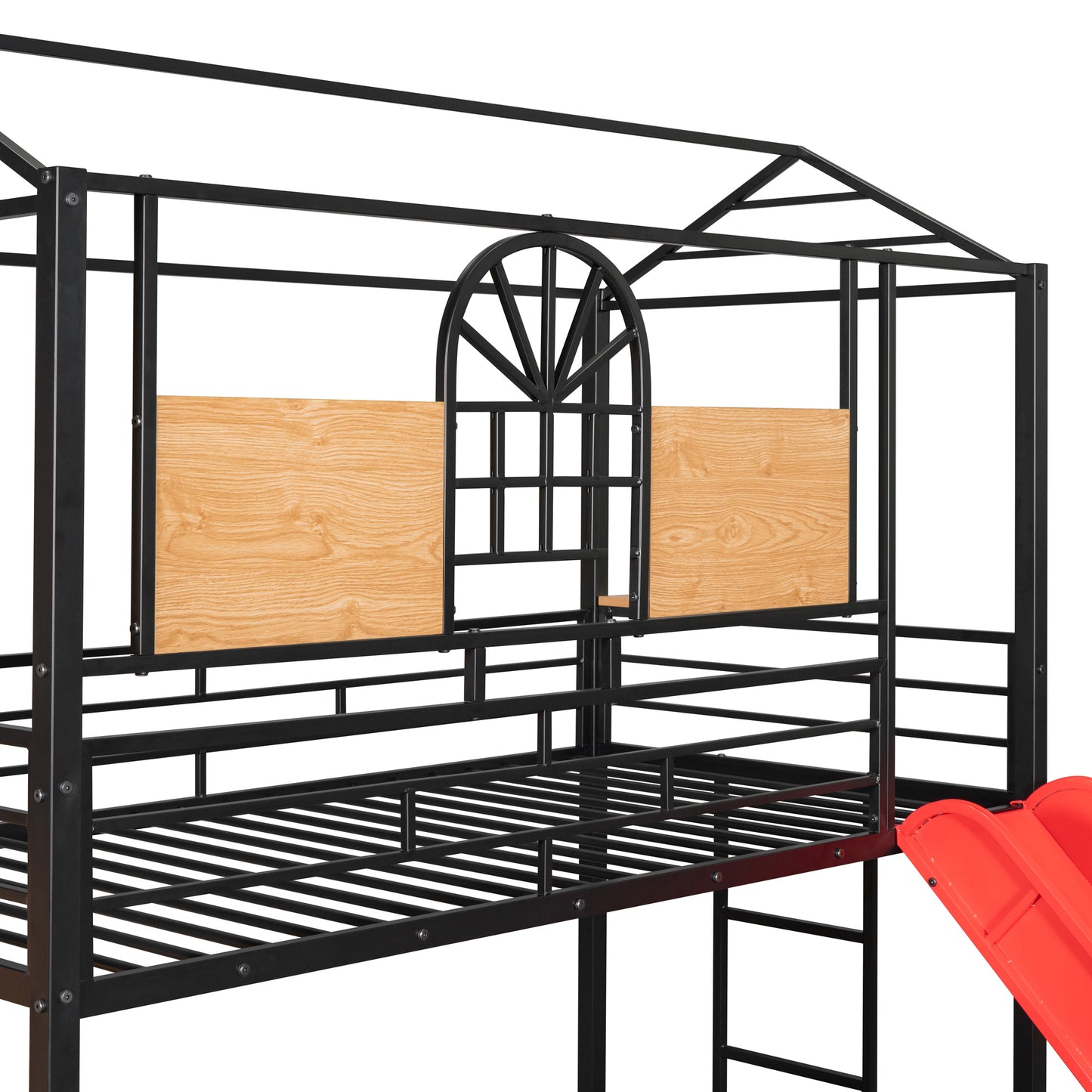 Twin Over Twin Metal Bunk Bed, Metal Housebed with Slide and Storage Stair, Black with Red Slide