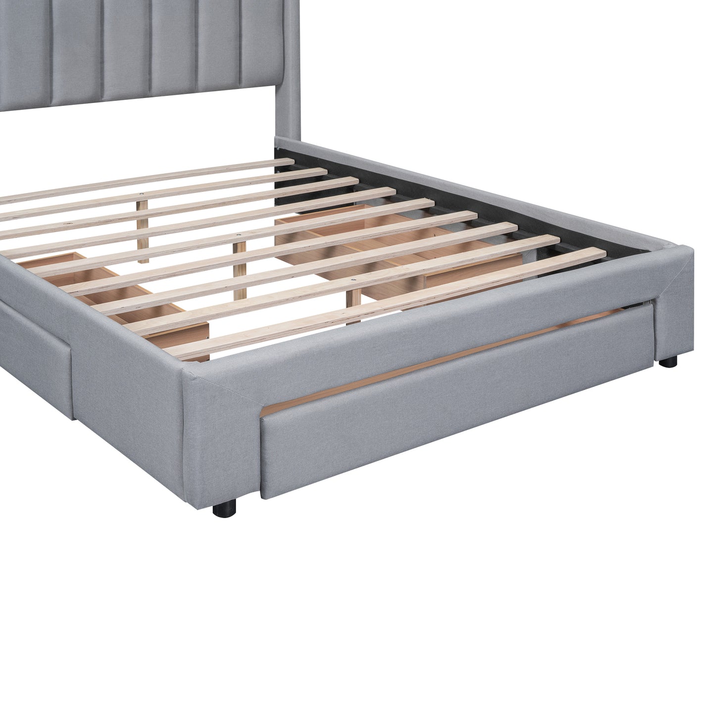 Queen Size Upholstered Platform Bed with One Large Drawer in the Footboard and Drawer on Each Side,Gray