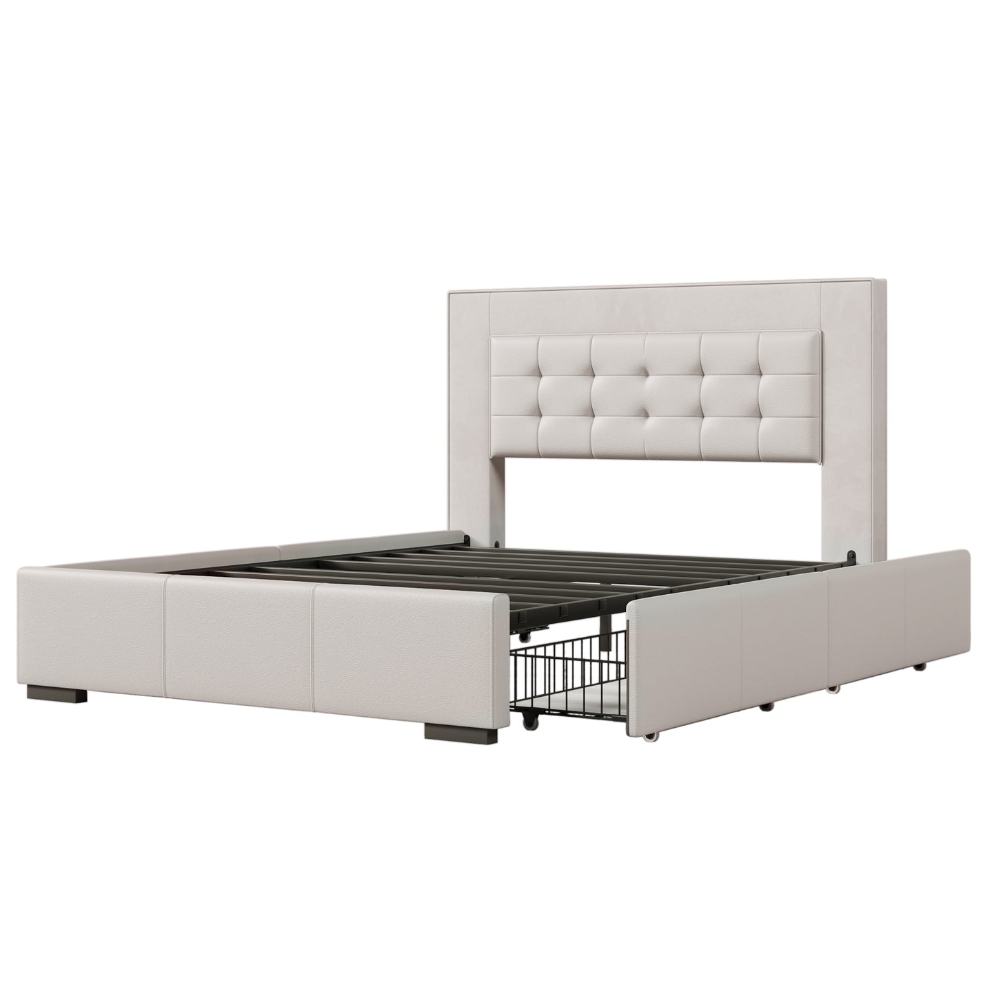 Modern Style Upholstered Queen Platform Bed Frame with Four Drawers, Button Tufted Headboard with PU Leather and Velvet, Beige