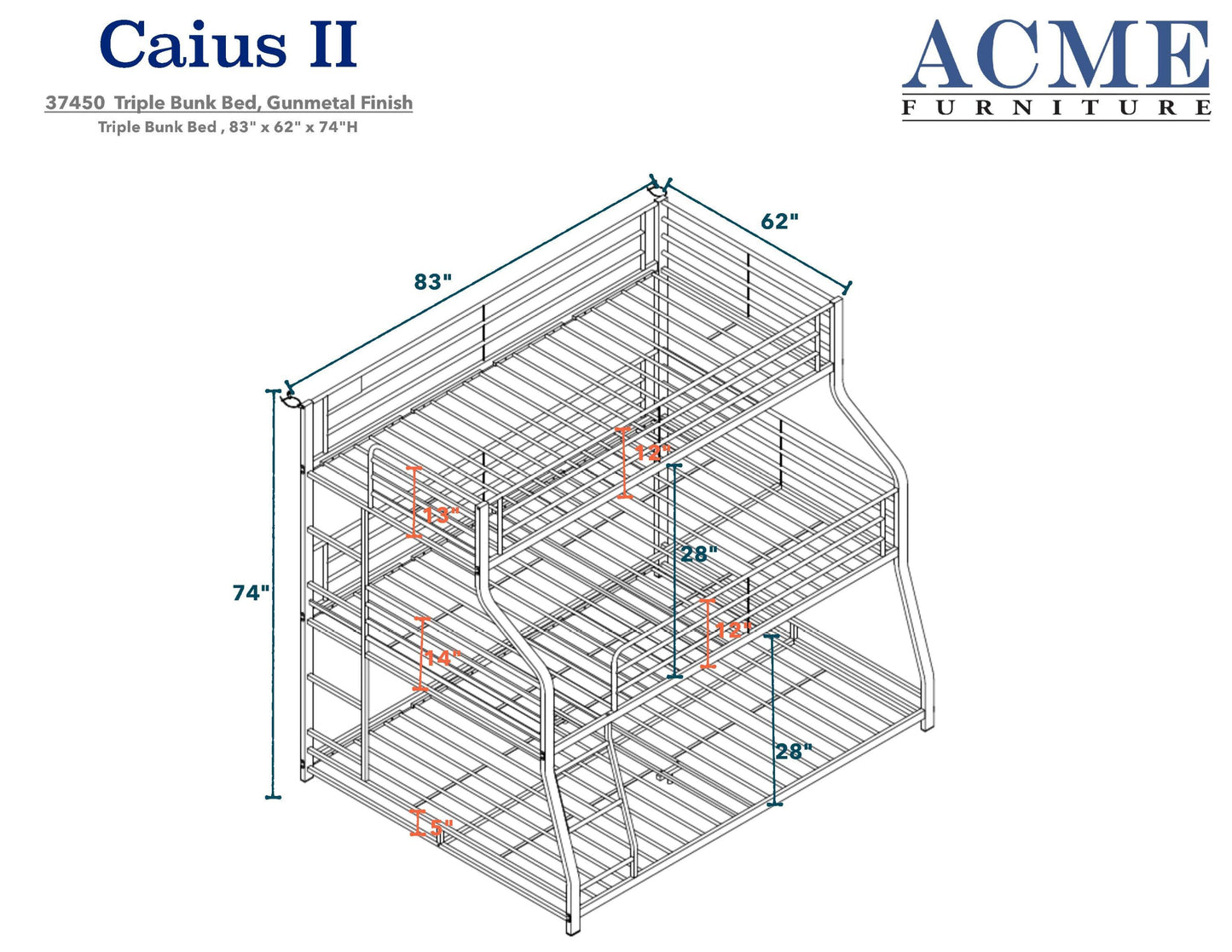ACME Caius II Bunk Bed - Triple Twin/Full/Queen in Gunmetal 37450