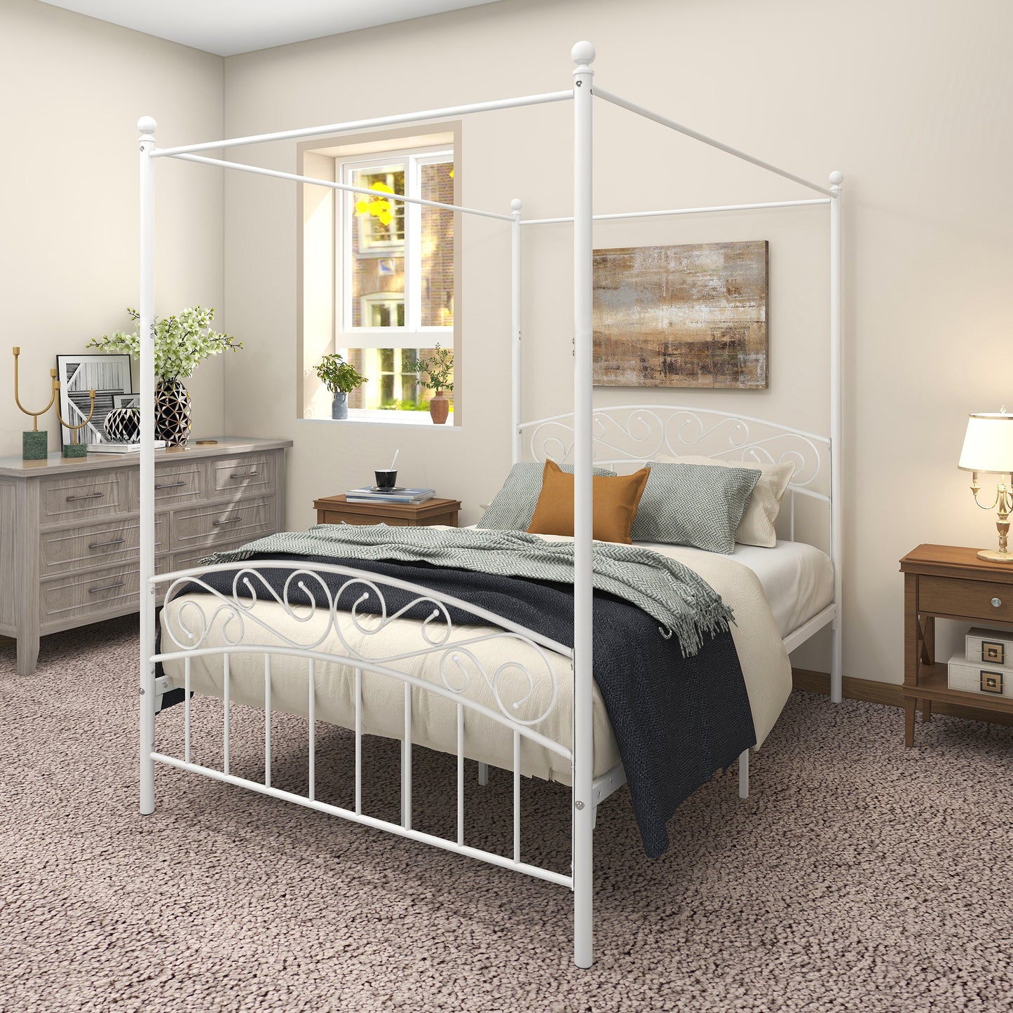 Full Size Metal Canopy Bed Frame with Ornate European Style Headboard & Footboard Sturdy Steel H/Under-Bed Storage Space/No Box Spring Needed/White