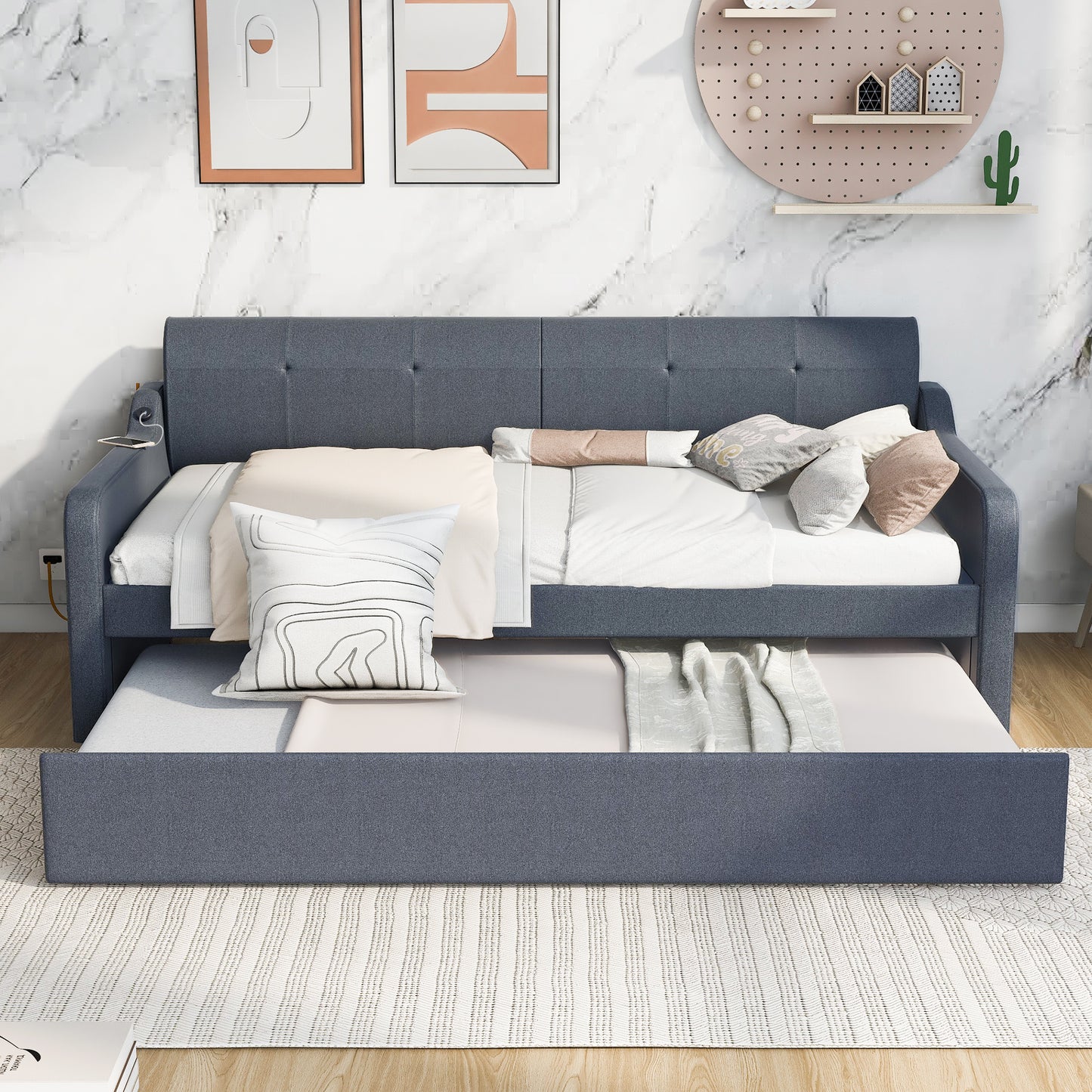 Twin Size Upholstery DayBed with Trundle and USB Charging Design,Trundle can be flat or erected,Gray