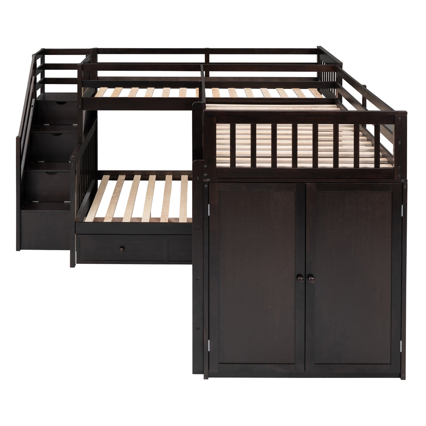 Twin-Twin over Full L-Shaped Bunk Bed With 3 Drawers, Portable Desk and Wardrobe, Espresso