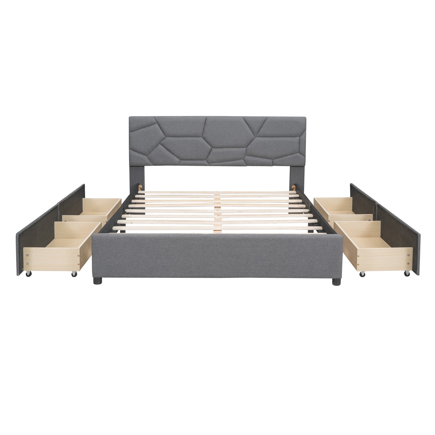 Queen Size Upholstered Platform Bed with Brick Pattern Headboard and 4 Drawers, Linen Fabric, Gray