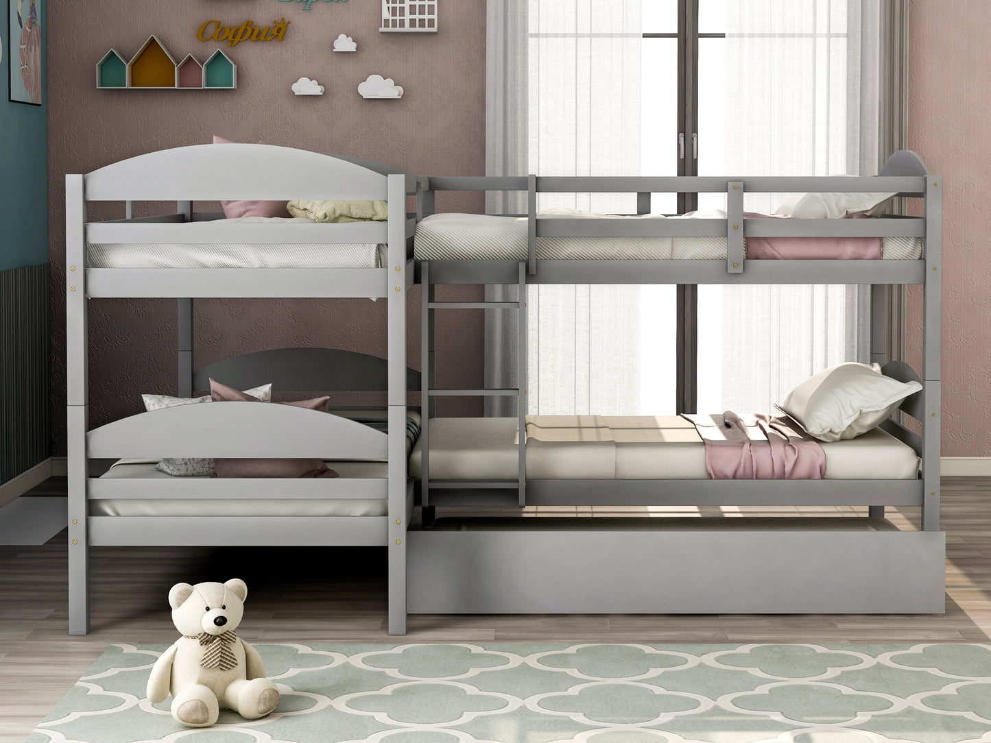 Twin L-Shaped Bunk bed with Trundle-Gray