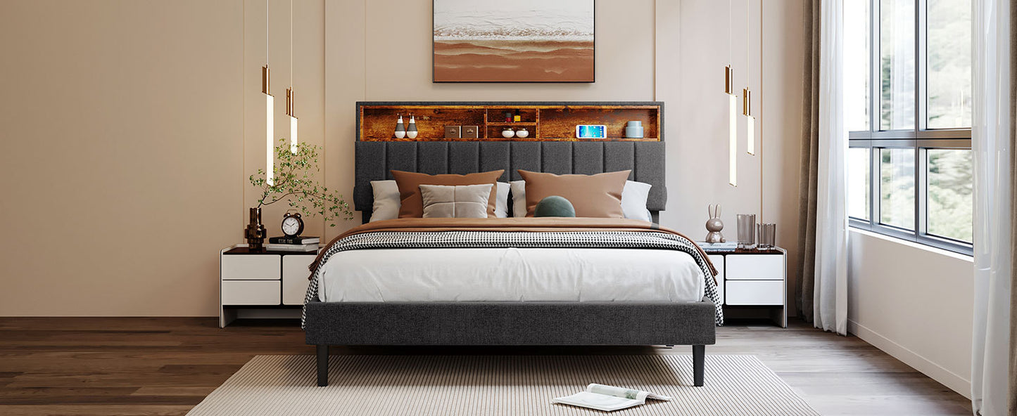 Queen Size Upholstered Platform Bed with Storage Headboard and USB Port,  Linen Fabric Upholstered Bed (Gray)
