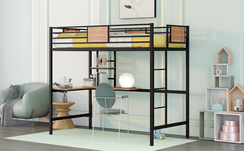 Twin Metal Loft Bed with Desk and Shelve,Black
