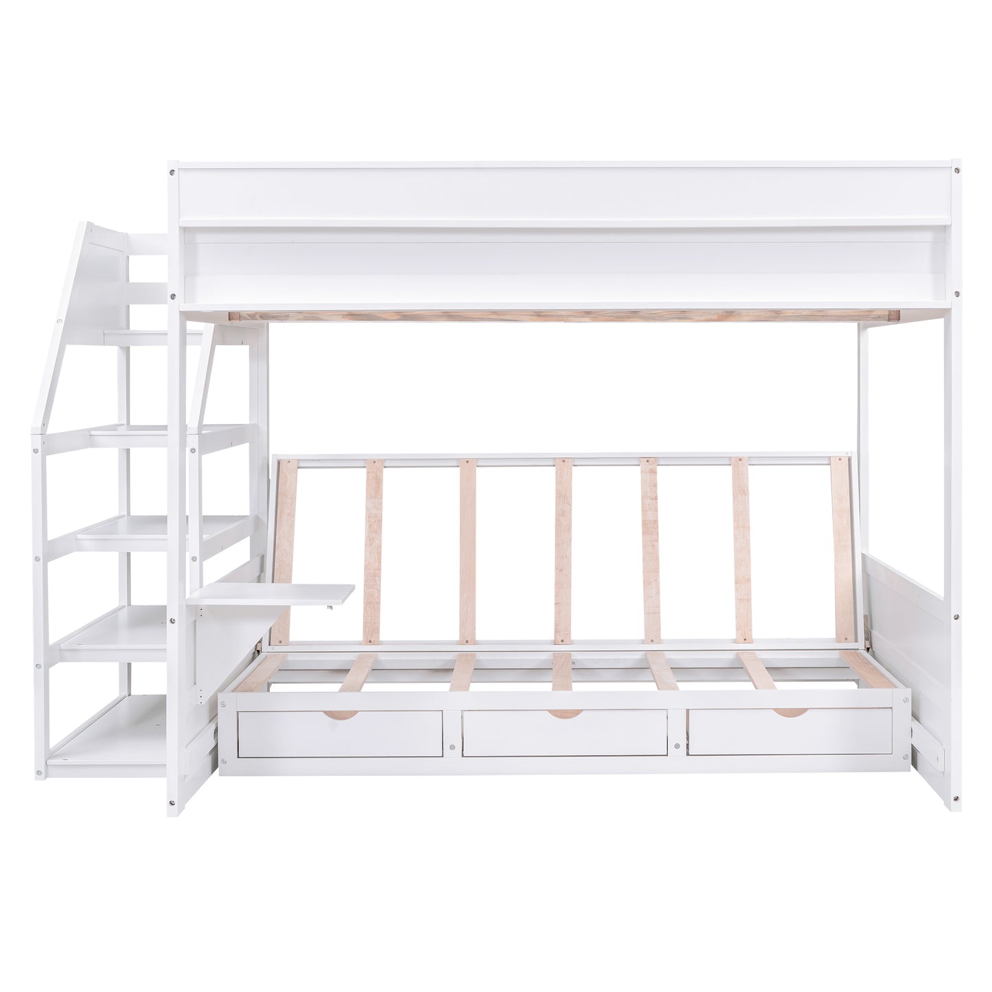 Wood Full Size Convertible Bunk Bed with Storage Staircase, Bedside Table, and 3 Drawers, White