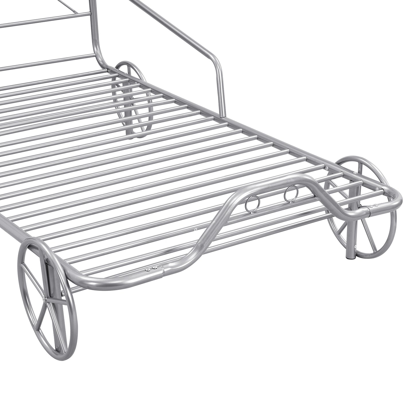 Twin Size Metal Car Platform Bed with Four Wheels, Guardrails and X-Shaped Frame Shelf, Silver