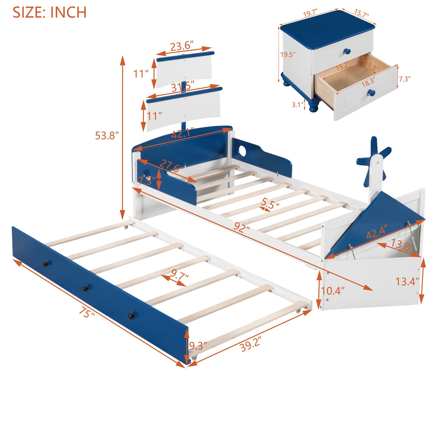 3-Pieces Bedroom Sets,Twin Size Boat-Shaped Platform Bed with  Trundle and Two Nightstands,White+Blue