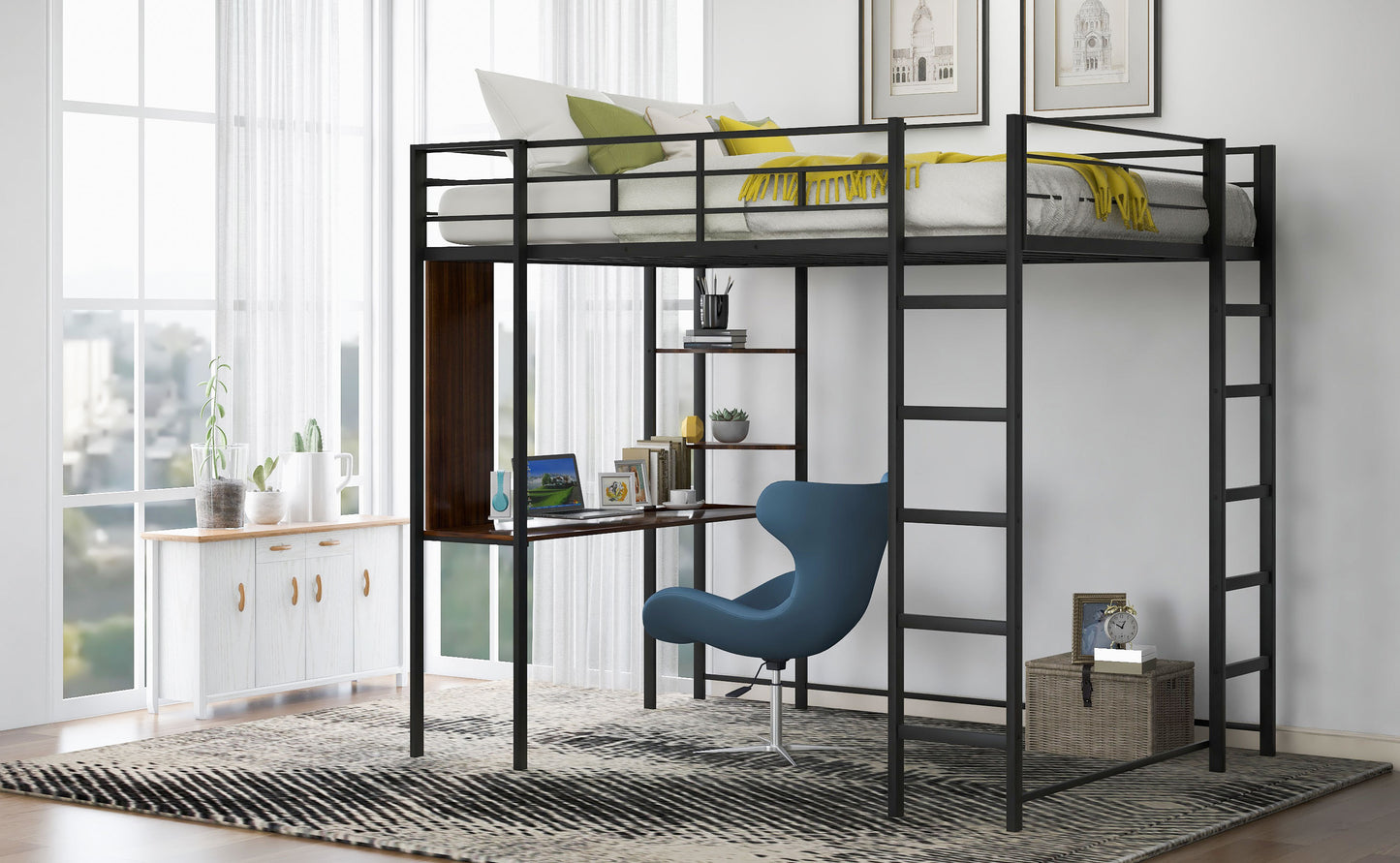 Full Size Metal Loft Bed with 2 Shelves and one Desk ,Black