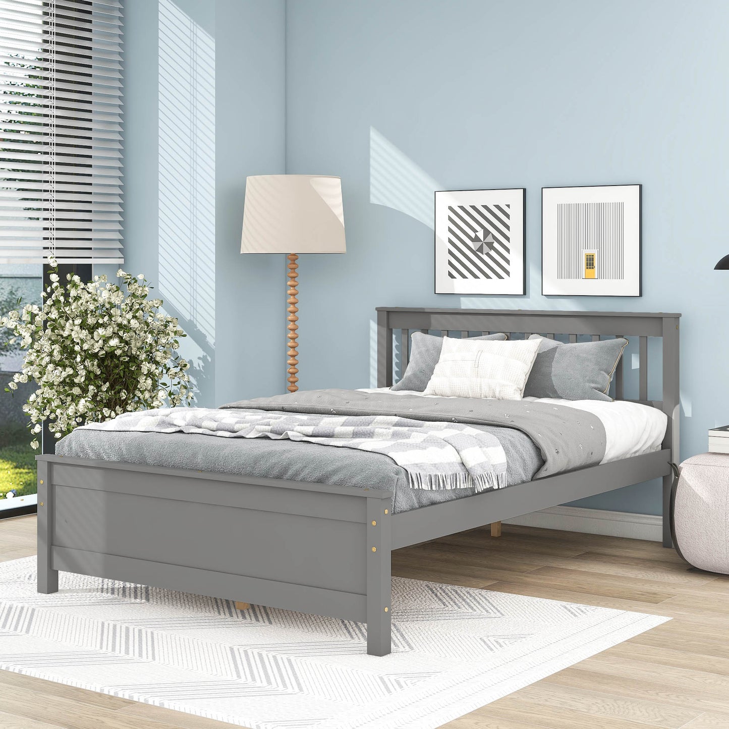 Full Platform Bed with Headboard and Footboard with Nightstand, Grey