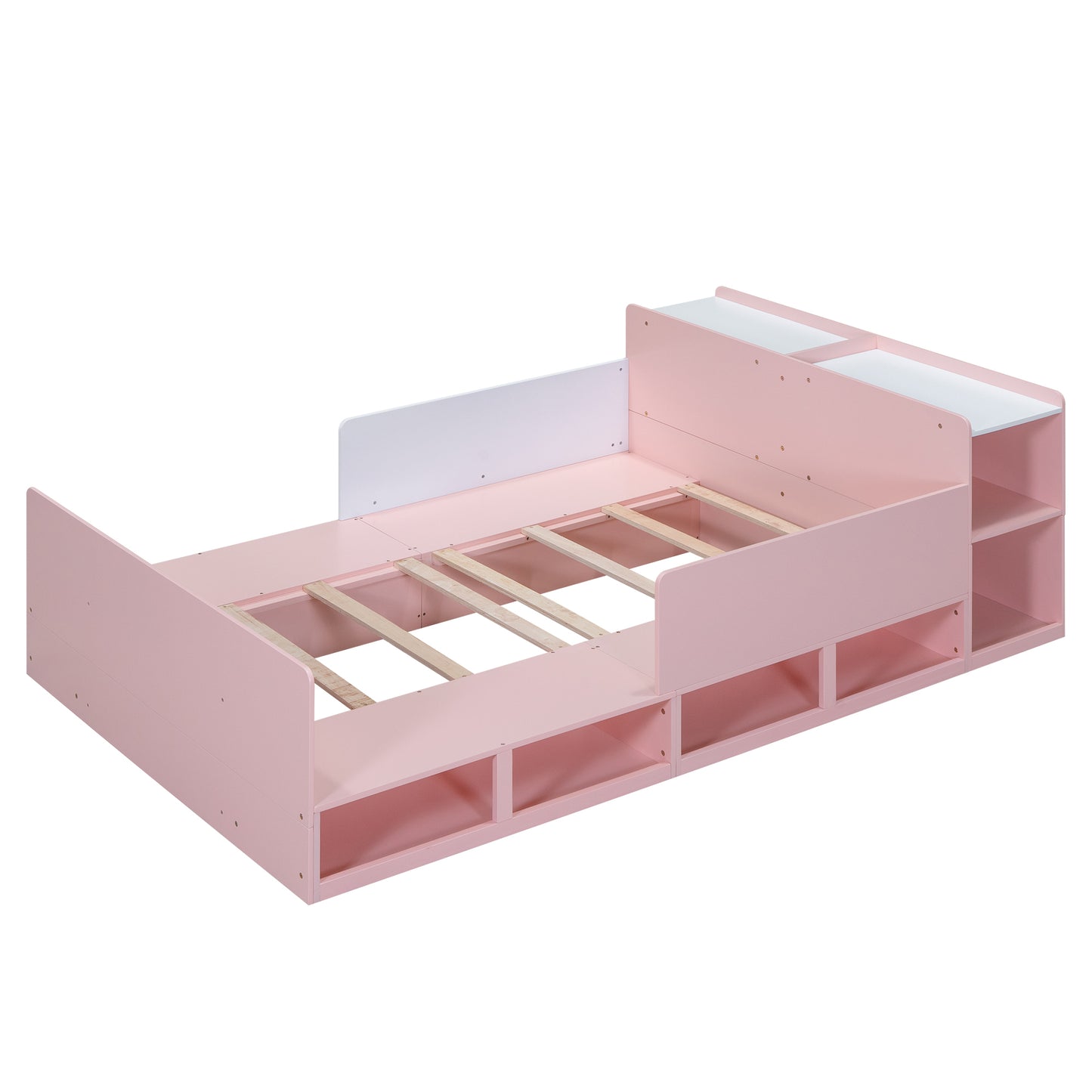 Wood Full Size Platform Bed with Storage Headboard, Guardrails and 4 Underneath Cabinets, Pink