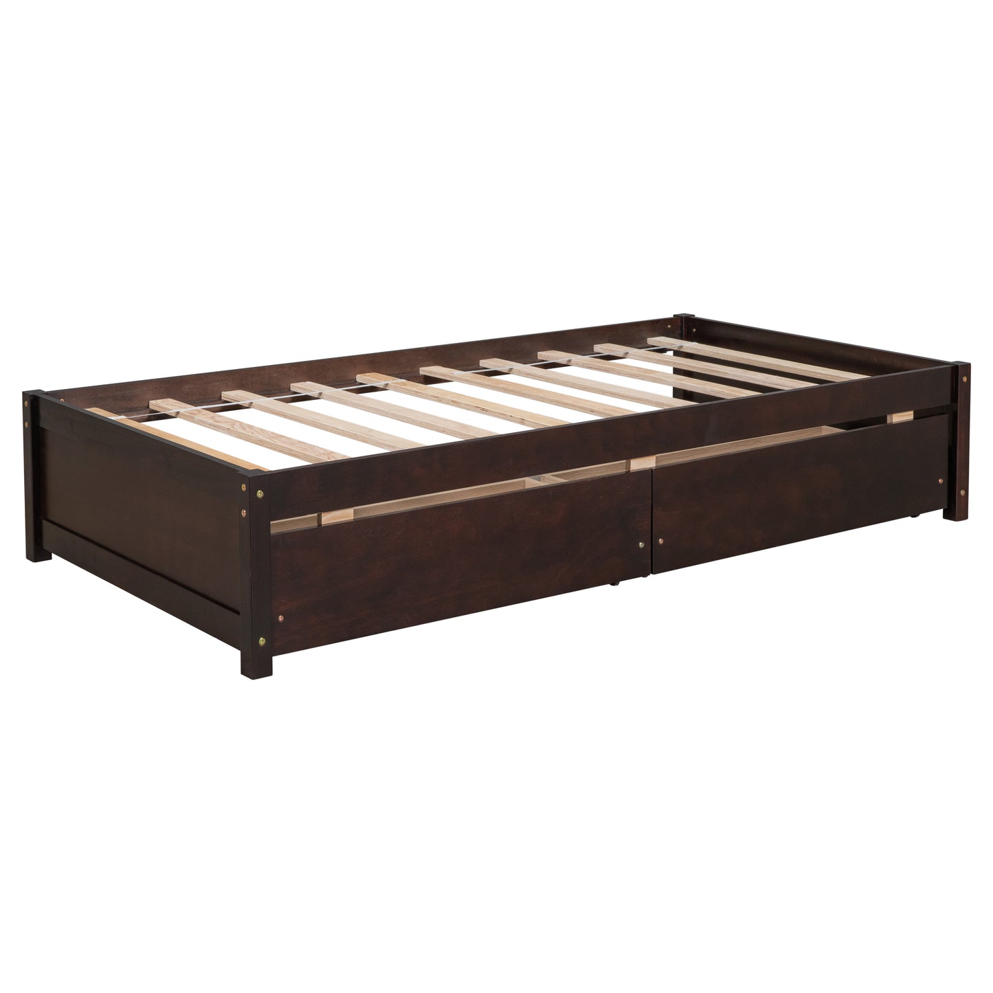Twin Platform Bed with 2 Drawers, Solid Wood, Espresso
