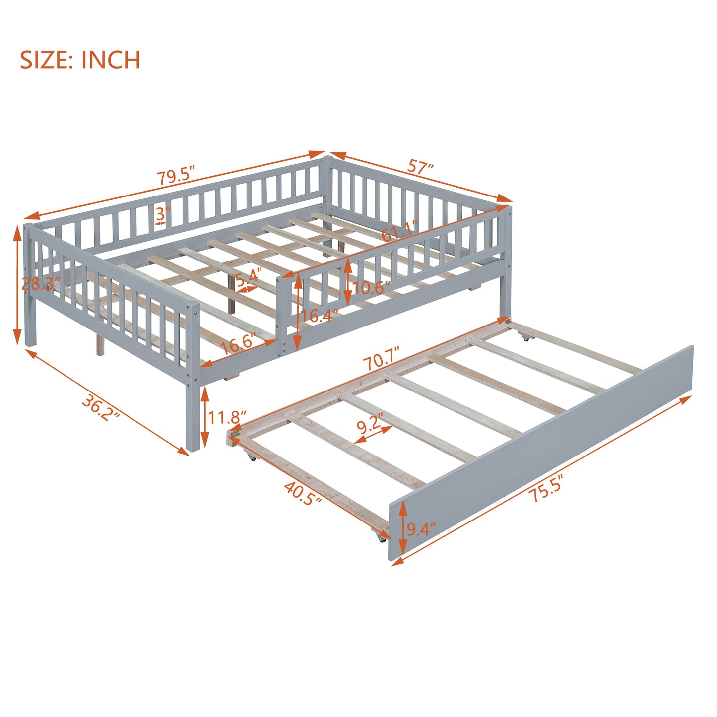 Full Size Wood Daybed with Trundle and Fence Guardrails, Gray