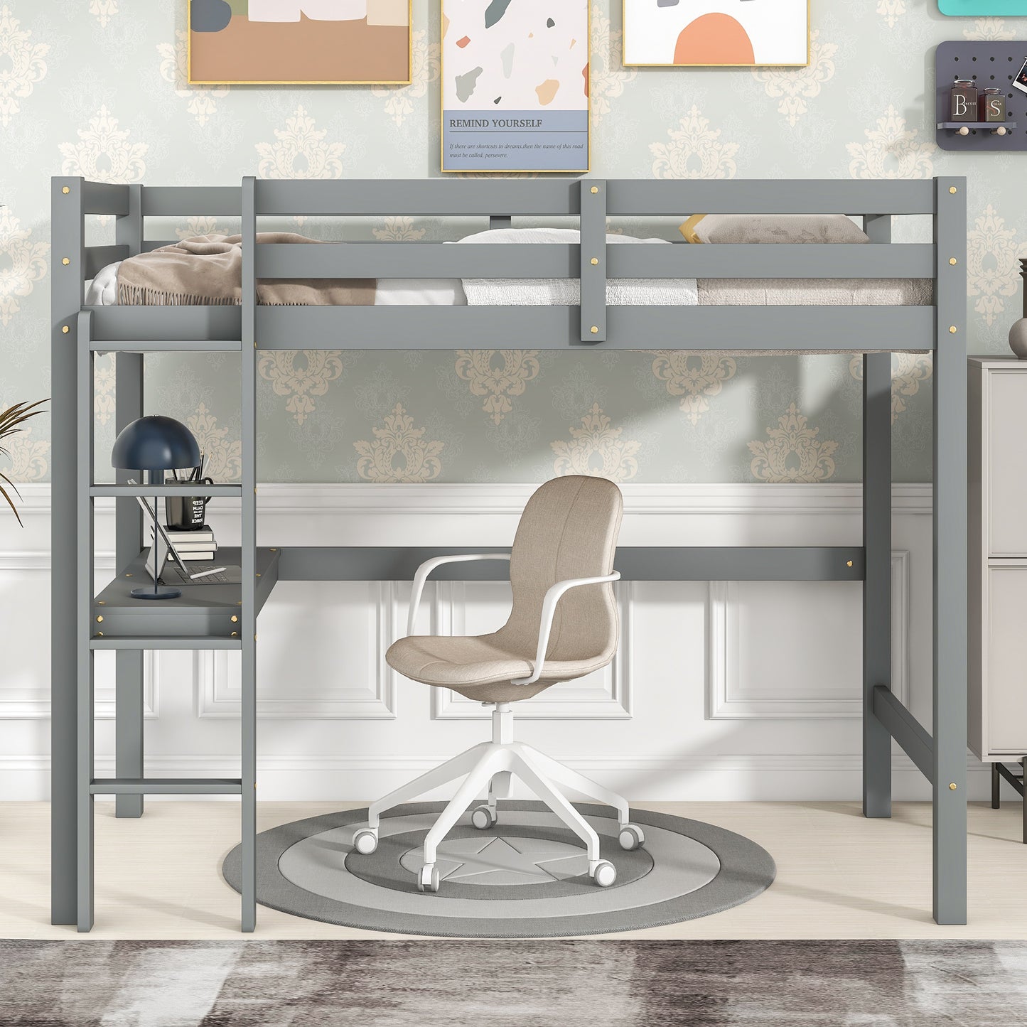 Twin Loft Bed with  built-in desk,Grey