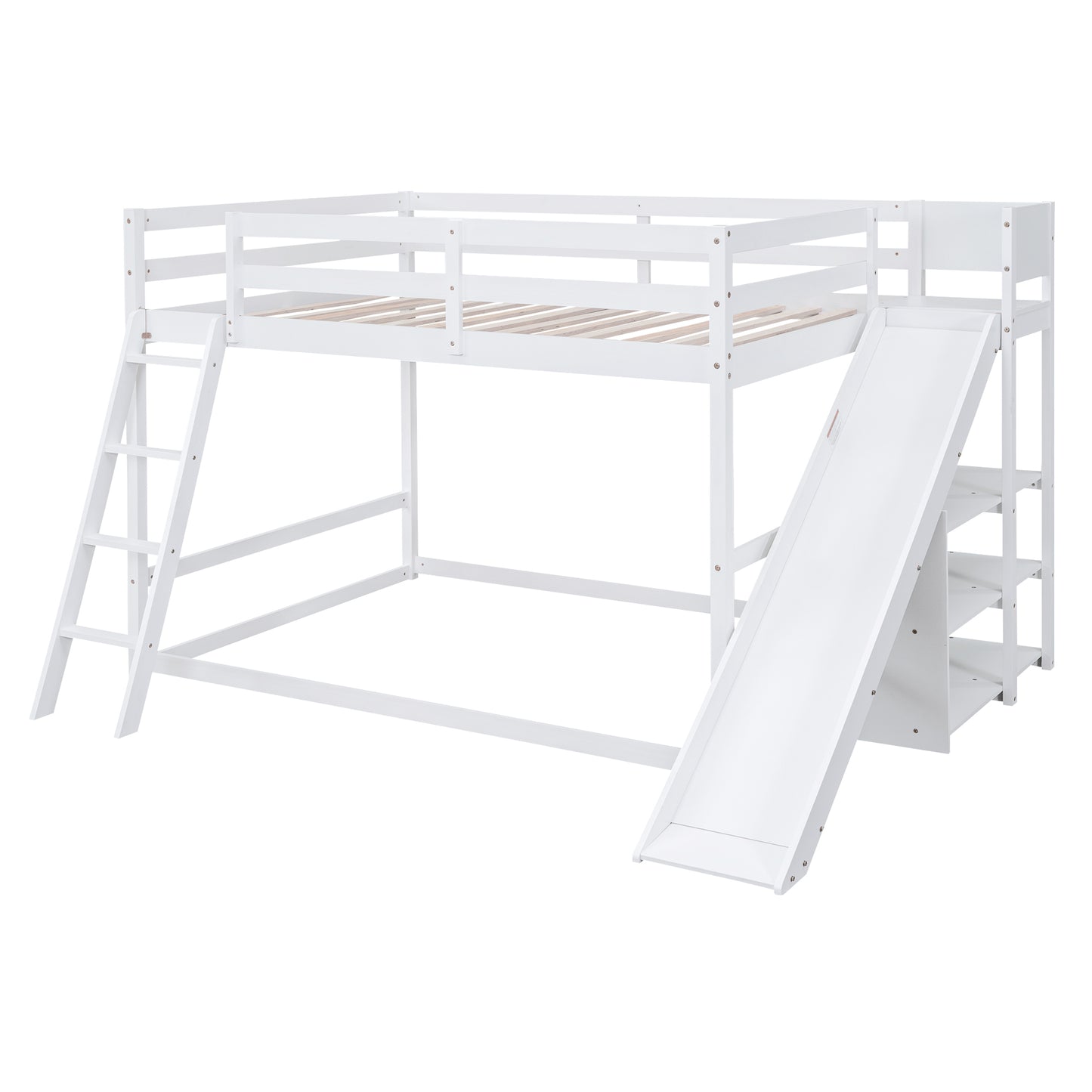 Full over Full Bunk Bed with Ladder, Slide and Shelves, White