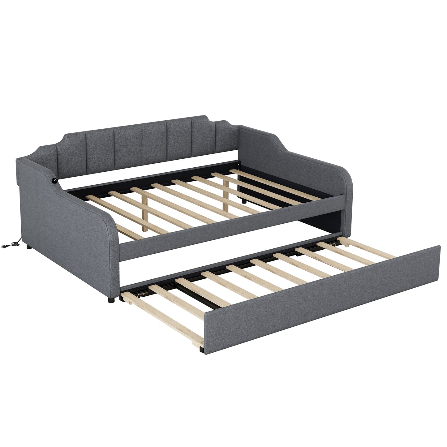 Full Size Upholstery Daybed with Trundle and USB Charging Design,Trundle can be flat or erected,Gray