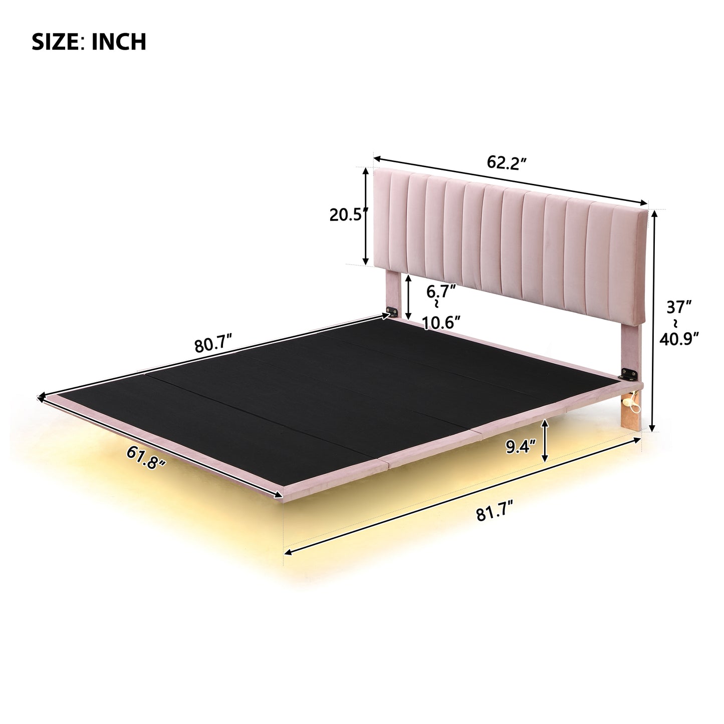 Queen Size Upholstered Bed with Sensor Light and Headboard, Floating Velvet Platform Bed, Pink