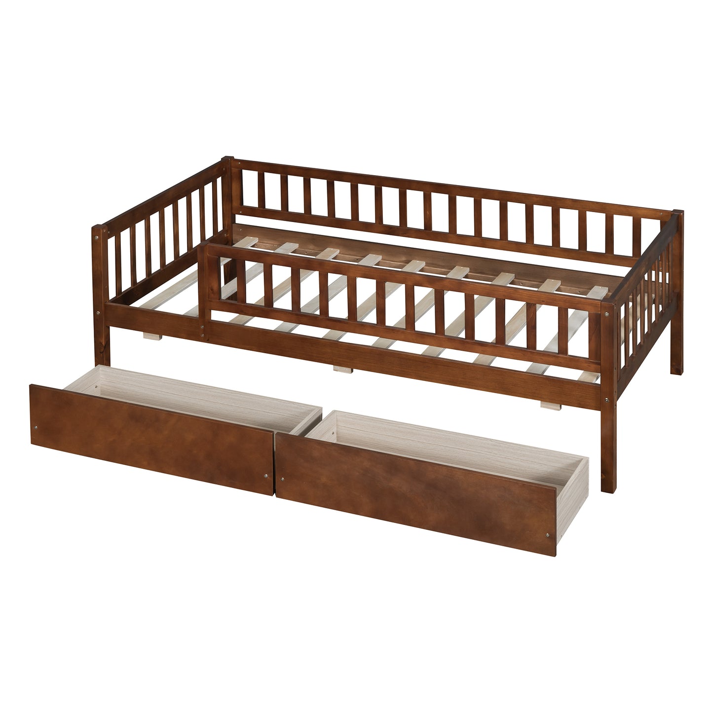 Twin Size Daybed Wood Bed with Two Drawers, Walnut