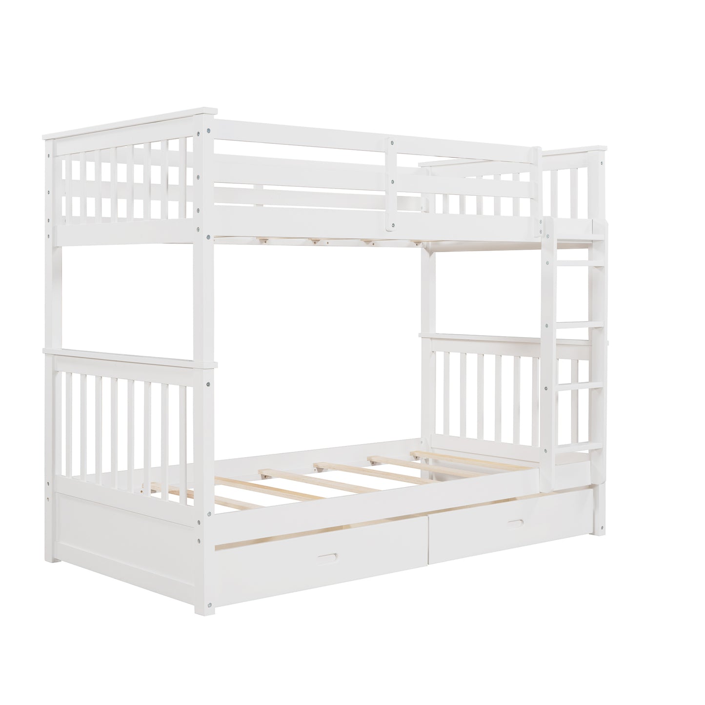 Twin-Over-Twin Bunk Bed with Ladders and Two Storage Drawers (White)