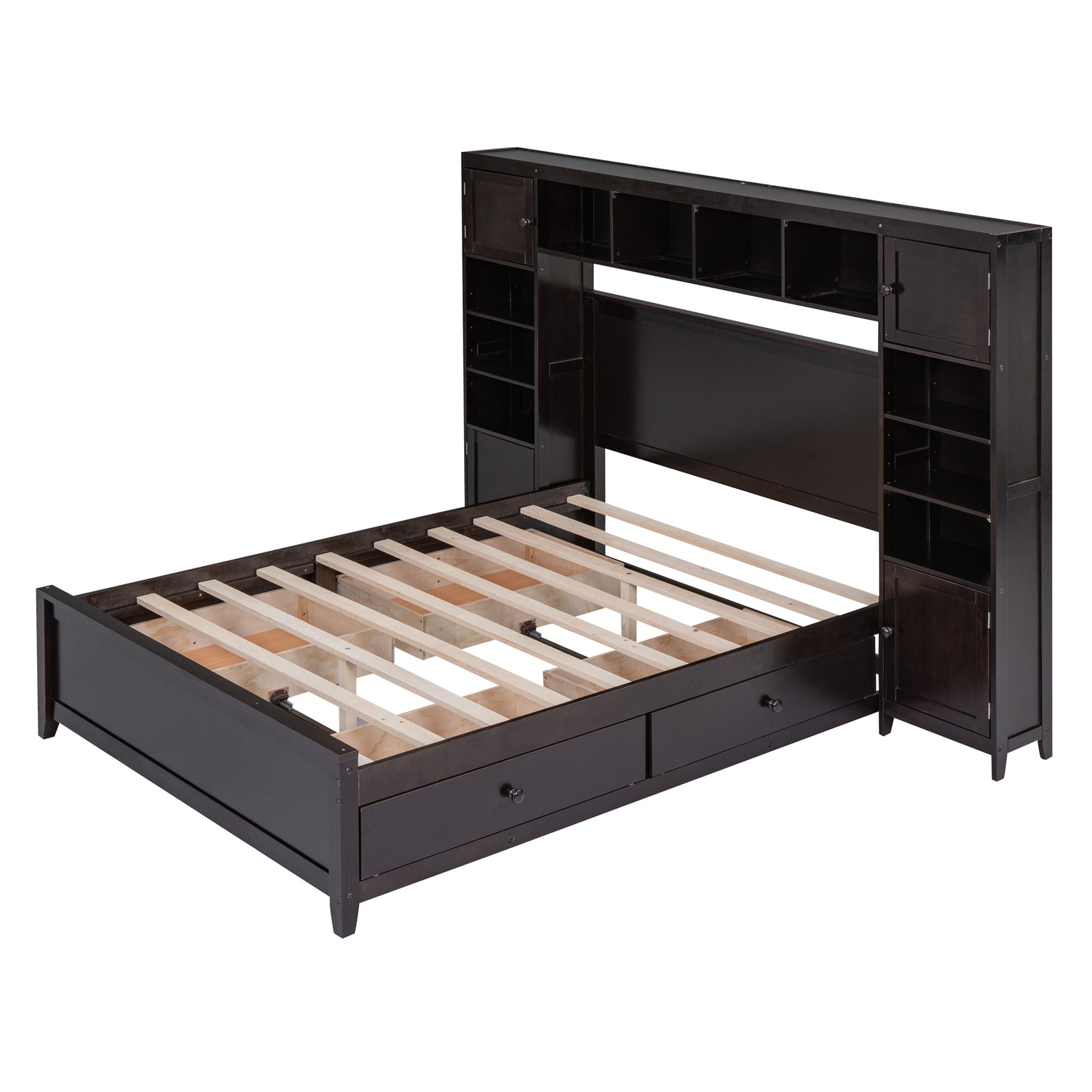 Full Size Wooden Platform Bed With All-in-One Cabinet and Shelf, Espresso