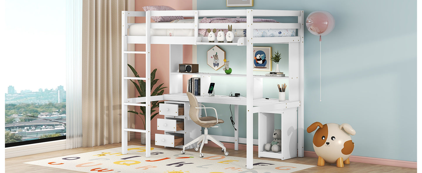 Twin Size Loft Bed with Multi-storage Desk, LED light and Bedside Tray, Charging Station, White