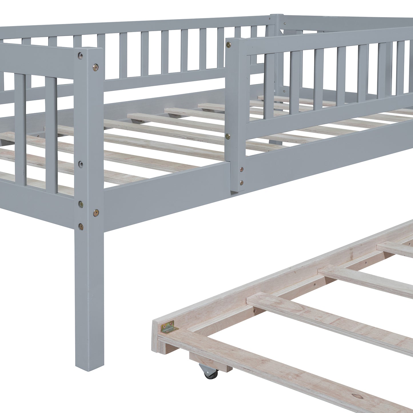 Twin Size Wood Daybed with Trundle and Fence Guardrails, Gray