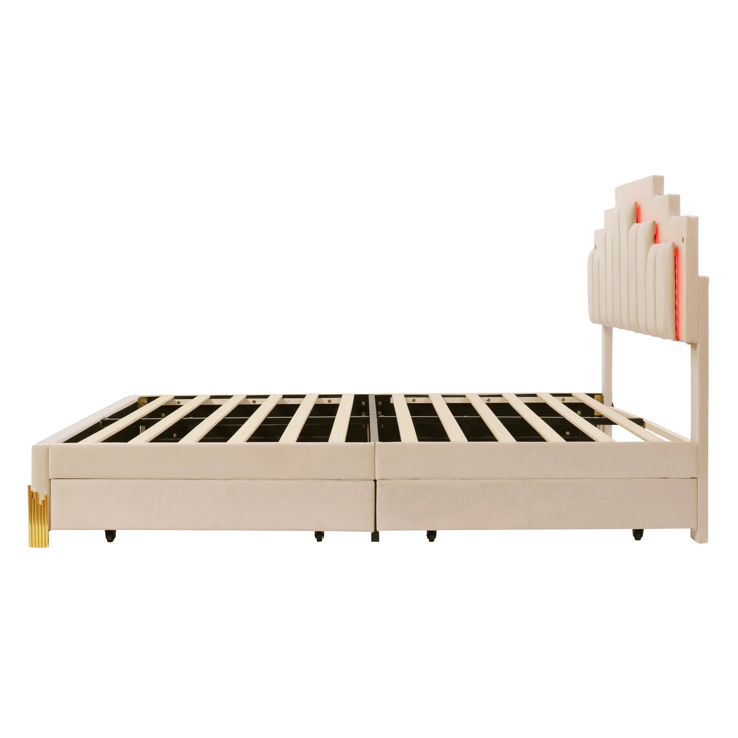 Queen Size Upholstered Platform Bed with LED Lights and 4 Drawers, Stylish Irregular Metal Bed Legs Design, Beige