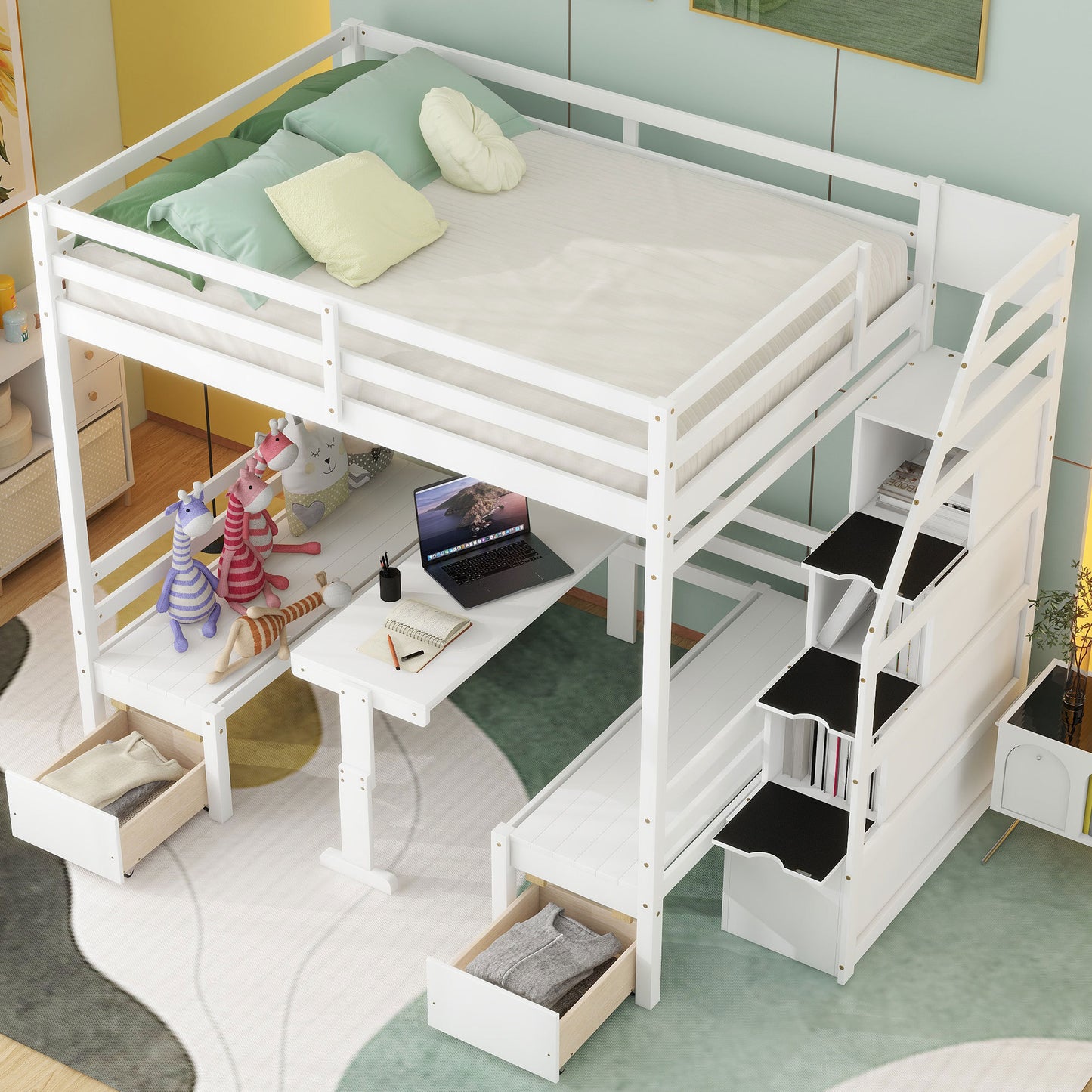 Full over Full Size Bunk with staircase,the Down Bed can be Convertible to Seats and Table Set,White