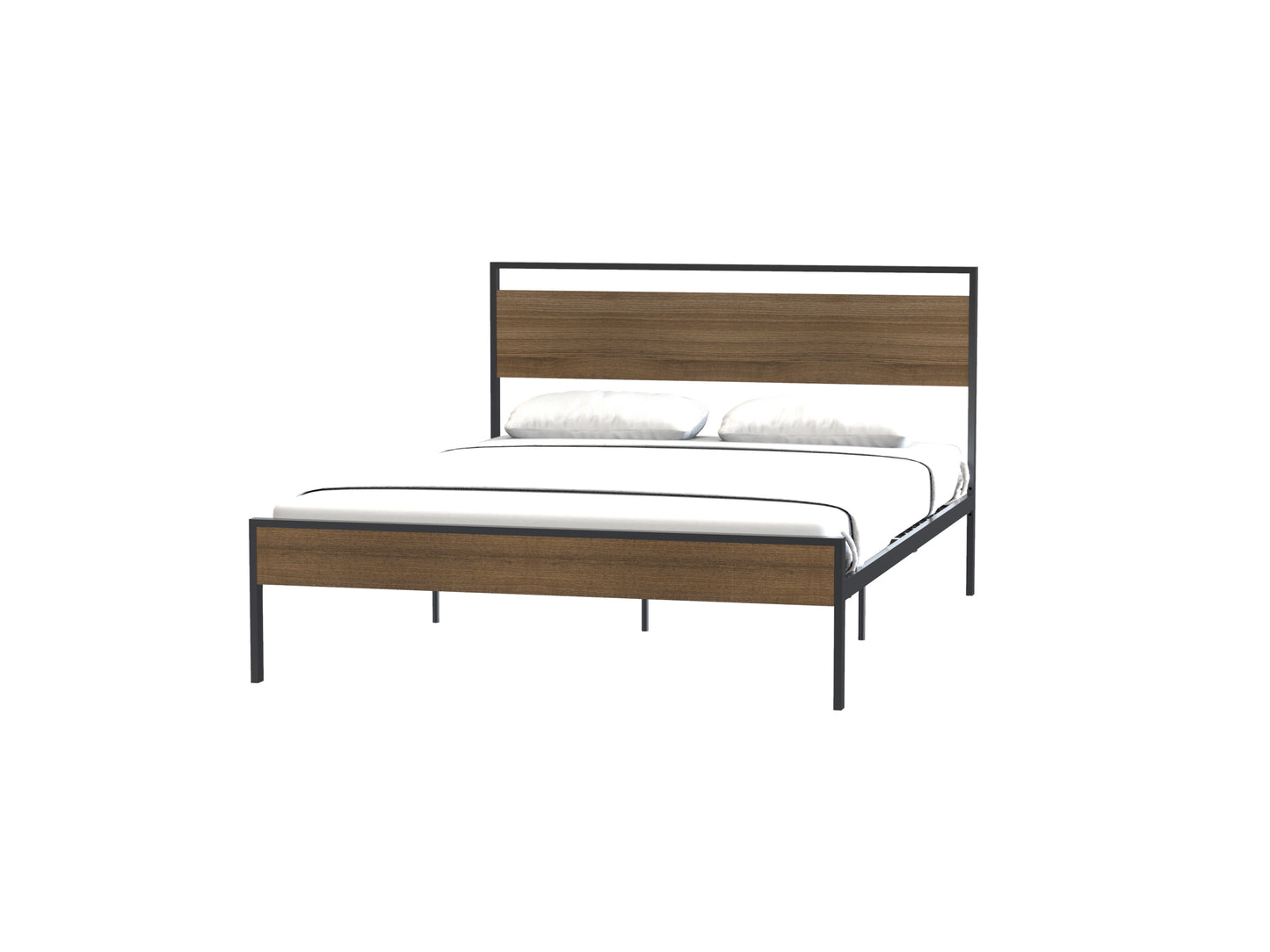 Queen Size Metal Platform Bed, Black with Cinnamon Wood Headboard & Footboard