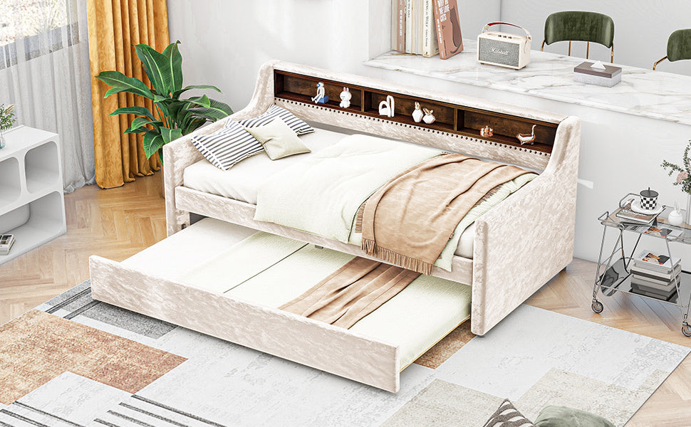 Twin Size Snowflake Velvet Daybed with Trundle and Built-in Storage Shelves,Beige