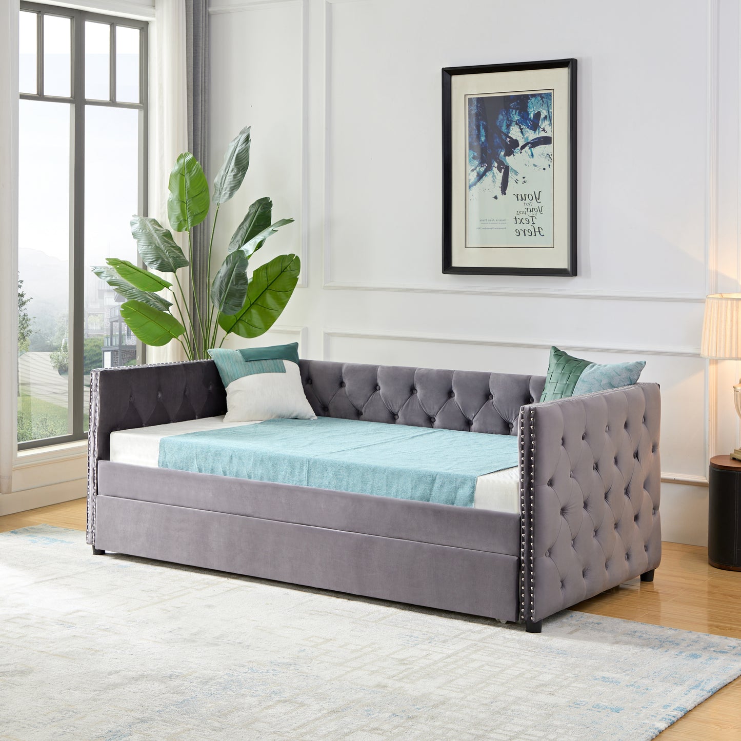 Daybed with Trundle Sofa Bed, upgraded velvet upholstered sofa bed, with Button and copper nail on square arms,bedroom living room furniture (Grey,Twin,83.47"x41.91"x30.71")